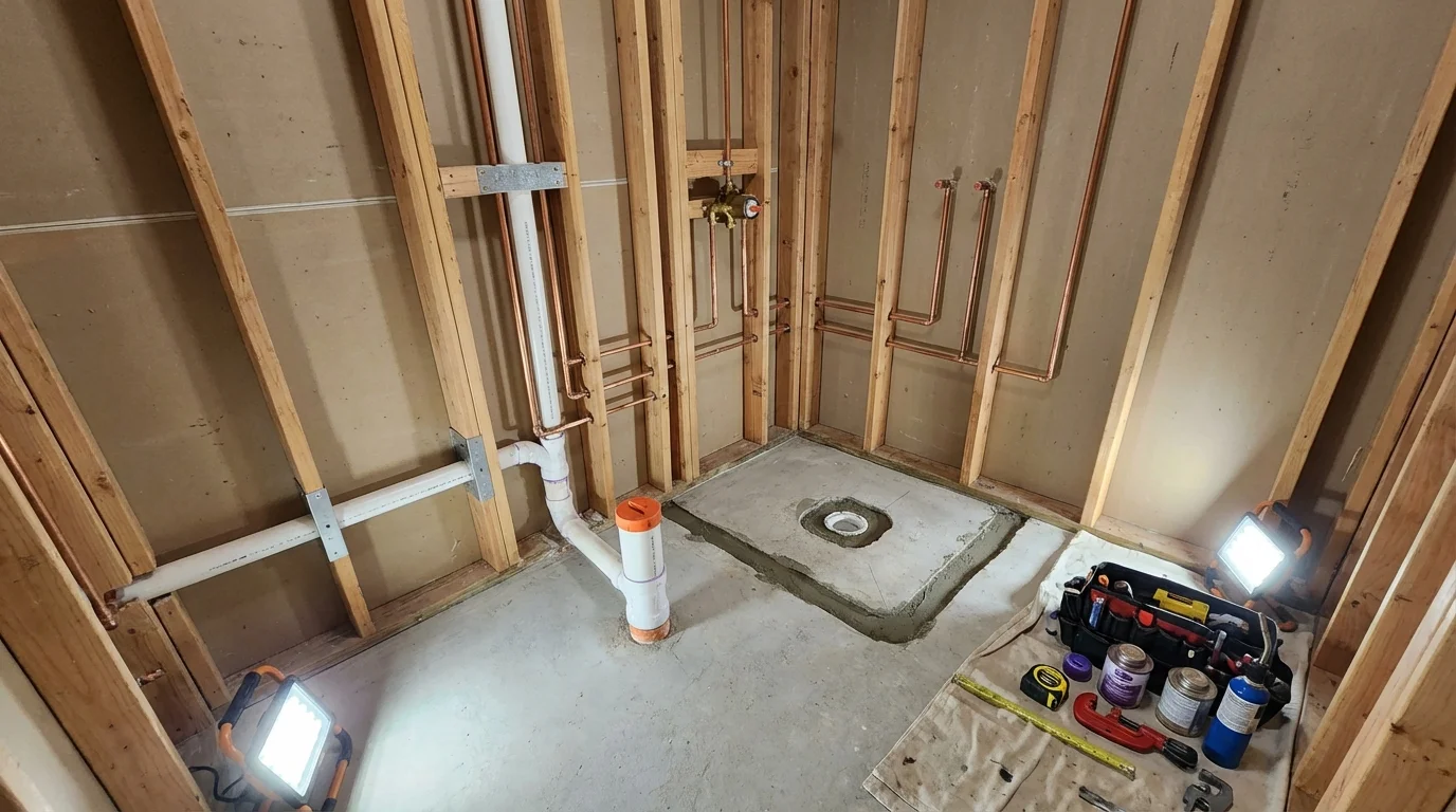 Bathroom rough-in plumbing during remodel by Johns Plumbing LLC in Bellflower