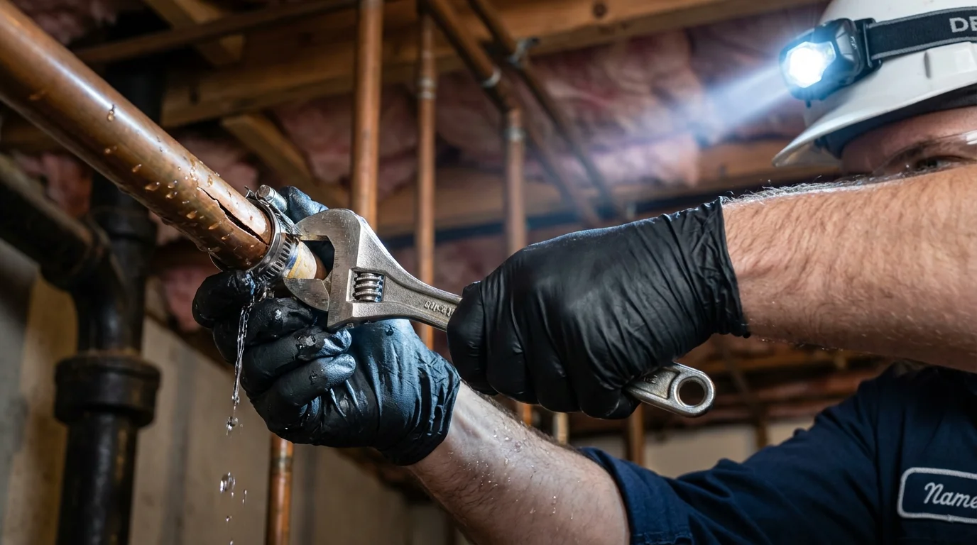 Emergency pipe clamp repair being performed by a Johns Plumbing LLC plumber in Bellflower