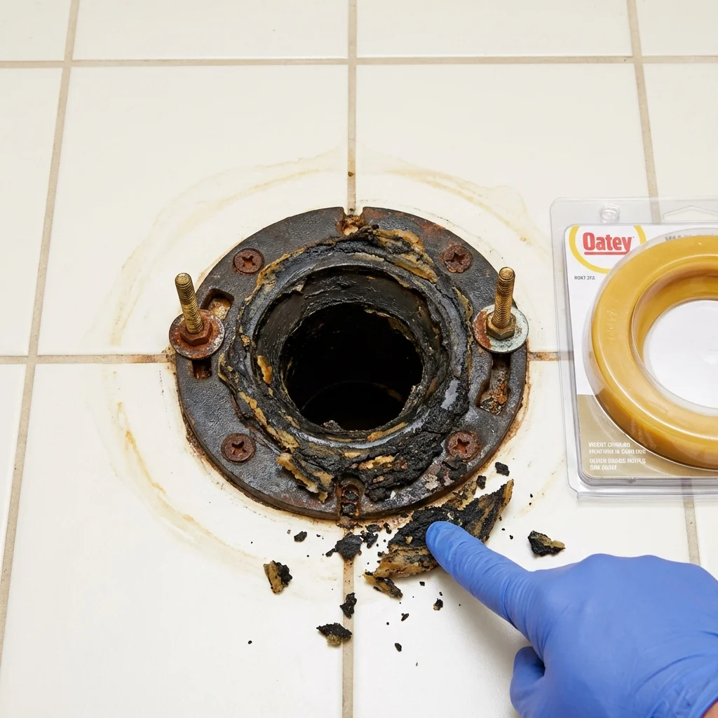 Failed wax ring showing water seepage at the base of a toilet in a Bellflower, CA home