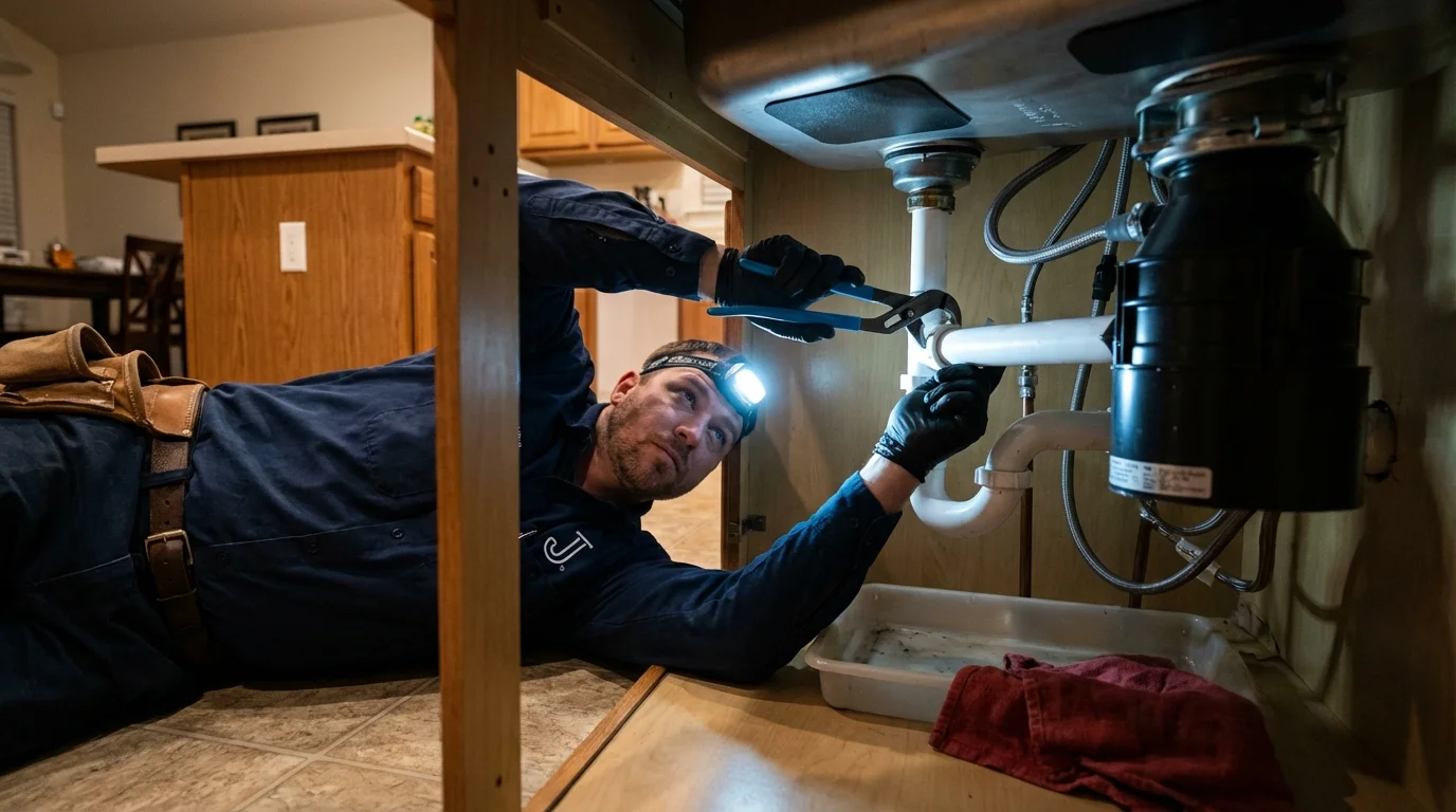 P-trap and supply line connections under a kitchen sink showing a common leak point in Bellflower, CA